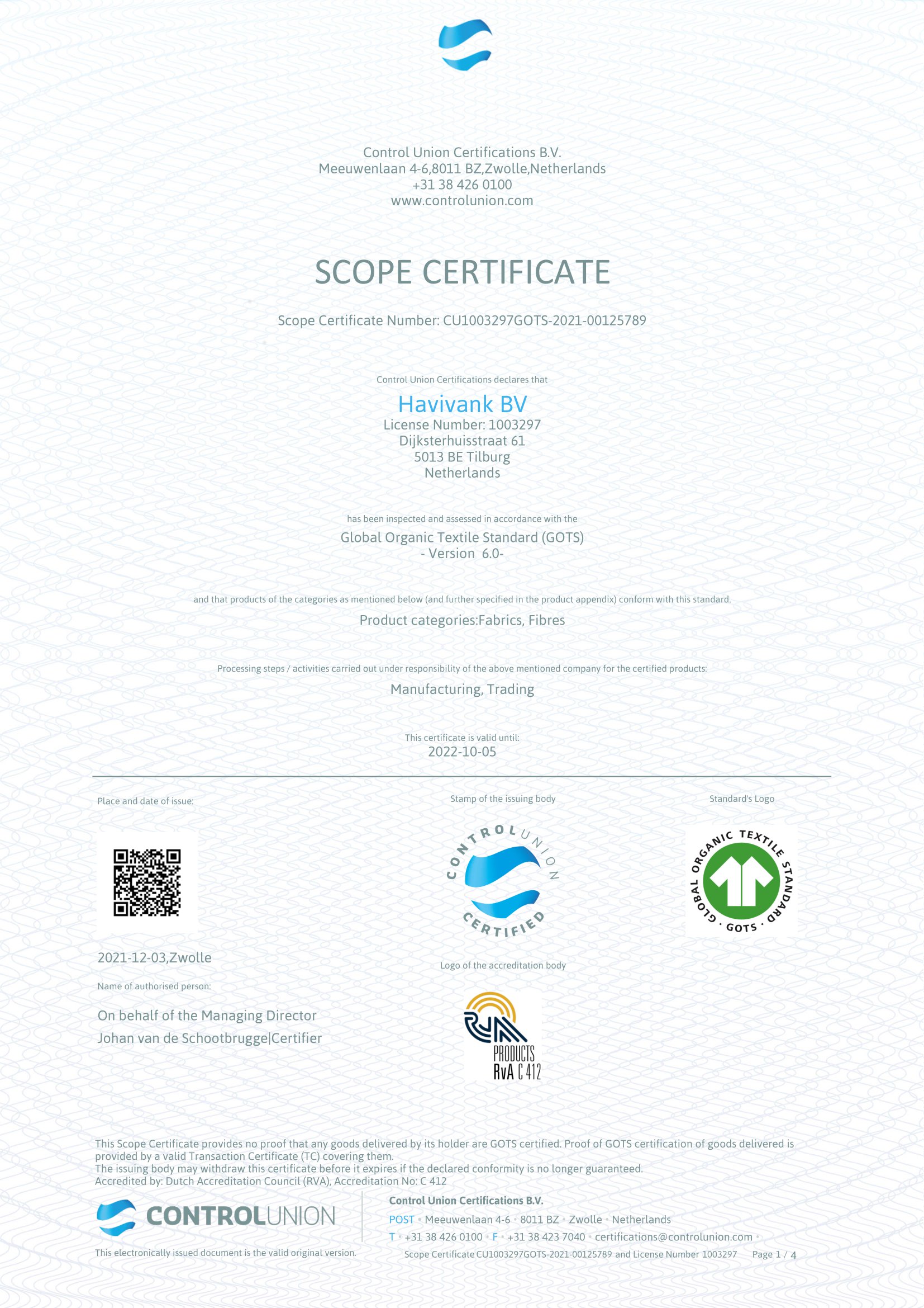 Certificate Scope HAVIVANK BV